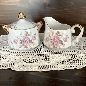 Lefton Moss Rose sugar bowl with lid and creamer